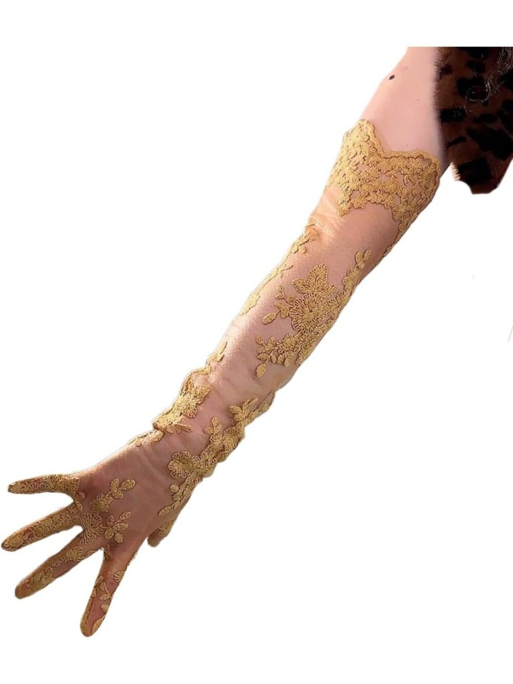 Elegant 24" Long Tulle Lace Opera Gloves for Women, Floral Semi-Sheer Design